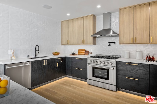 kitchen featuring light hardwood / wood-style floors, appliances with stainless steel finishes, decorative backsplash, wall chimney exhaust hood, and sink