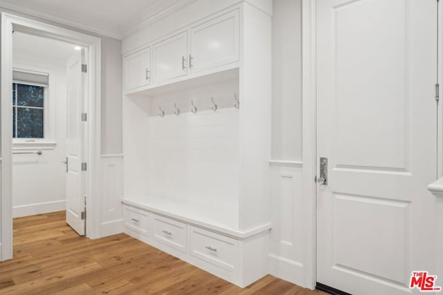 mudroom featuring crown molding and light hardwood / wood-style floors