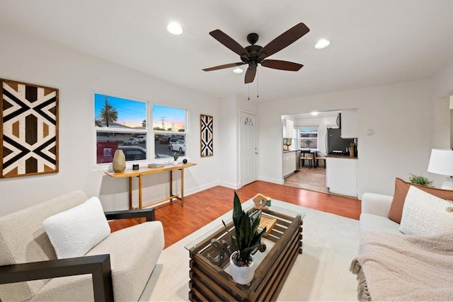 living room with ceiling fan and light hardwood / wood-style floors