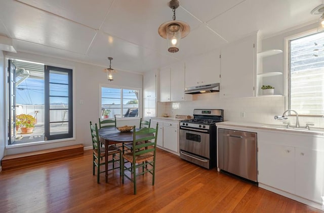 kitchen featuring pendant lighting, light hardwood / wood-style flooring, appliances with stainless steel finishes, white cabinetry, and decorative backsplash