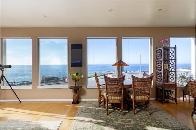 dining room with a water view and hardwood / wood-style floors