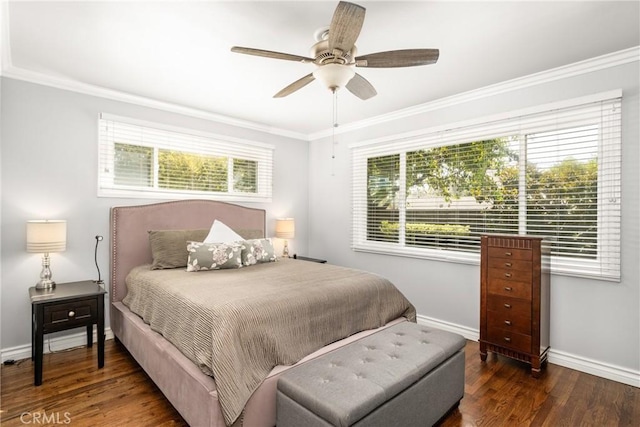 bedroom with ceiling fan, dark hardwood / wood-style flooring, ornamental molding, and multiple windows