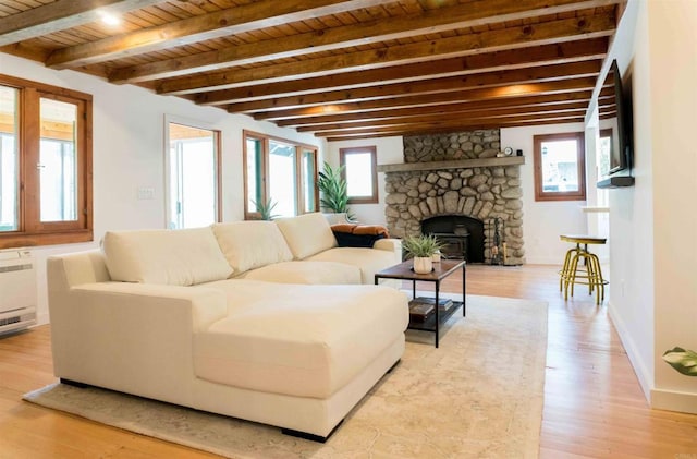 living room featuring wood ceiling, a fireplace, beamed ceiling, and light wood-type flooring