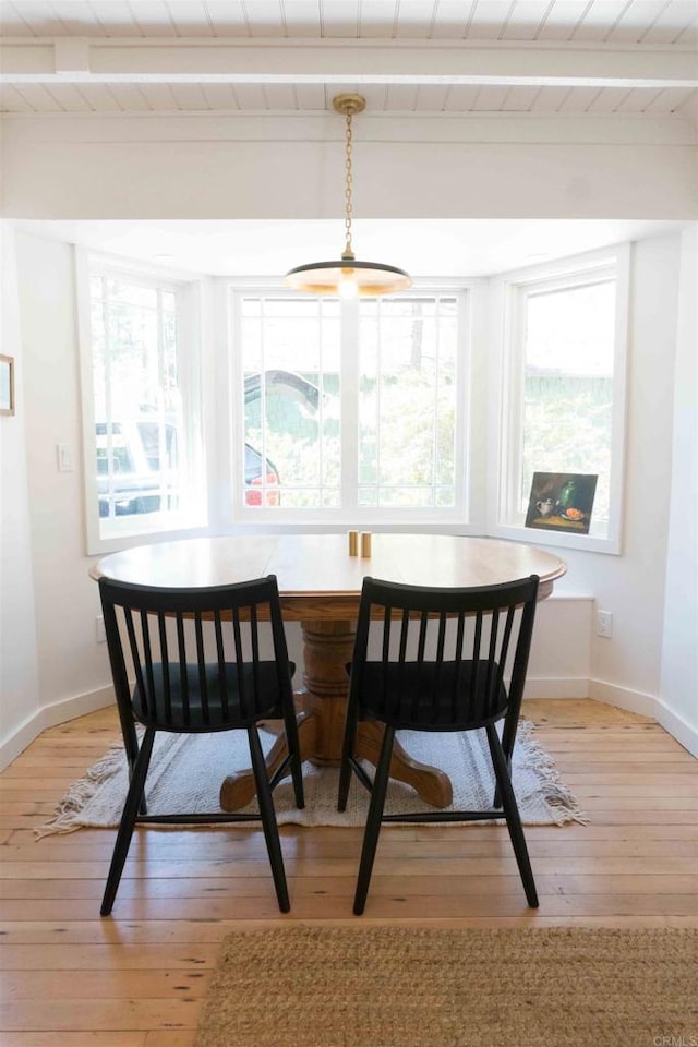 dining area featuring wood ceiling, light hardwood / wood-style floors, and beam ceiling