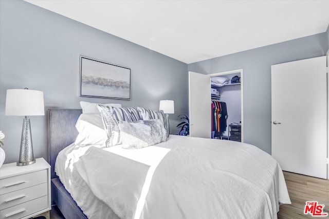 bedroom with hardwood / wood-style flooring and a closet