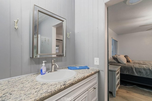 bathroom with vanity and hardwood / wood-style floors