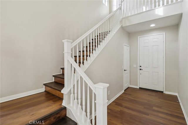 foyer with dark wood-type flooring and a high ceiling