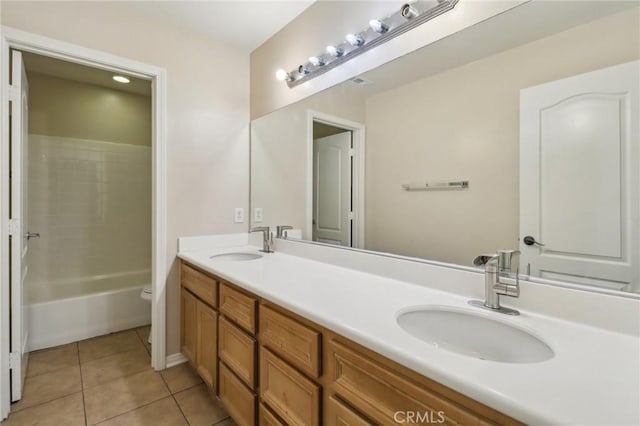 full bathroom with toilet, shower / bath combination, tile patterned floors, and vanity