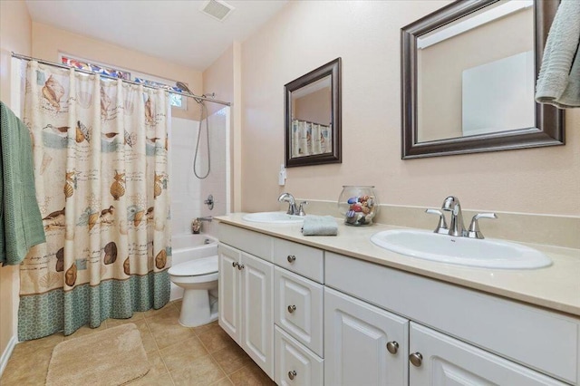 full bathroom with toilet, shower / tub combo, tile patterned flooring, and vanity