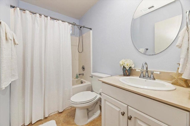 full bathroom with toilet, shower / tub combo, tile patterned floors, and vanity