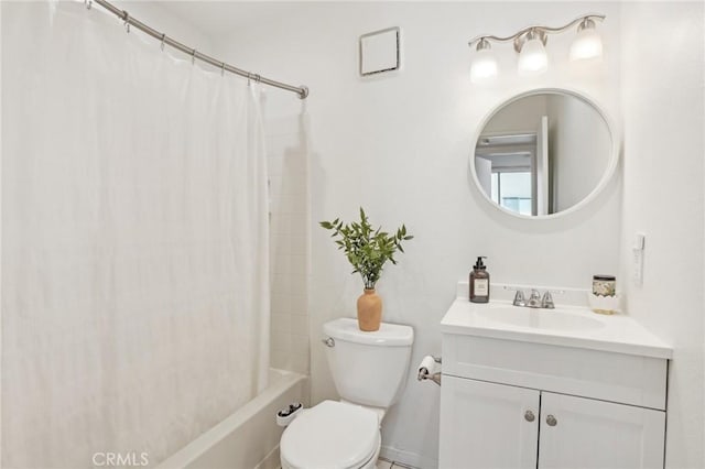 full bathroom featuring toilet, vanity, and shower / bath combination with curtain