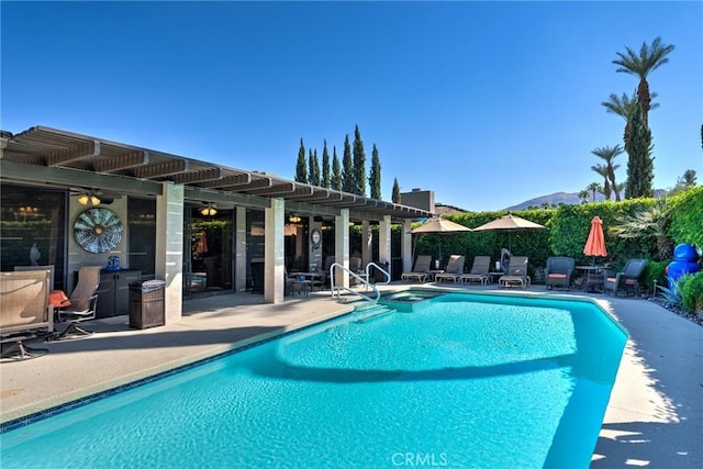 view of swimming pool with a pergola and a patio area