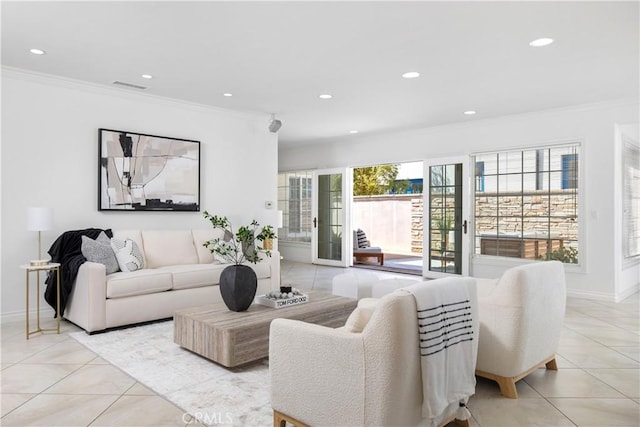 tiled living room with ornamental molding