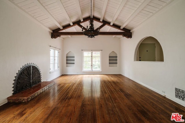 unfurnished living room featuring high vaulted ceiling, wooden ceiling, beamed ceiling, and hardwood / wood-style flooring