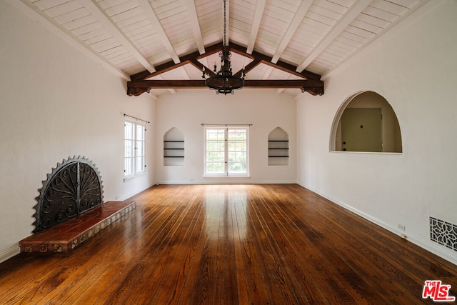 unfurnished living room with high vaulted ceiling, wood-type flooring, beamed ceiling, and wood ceiling