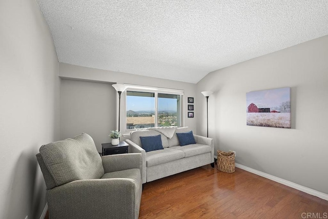 living room featuring lofted ceiling, wood-type flooring, and a textured ceiling