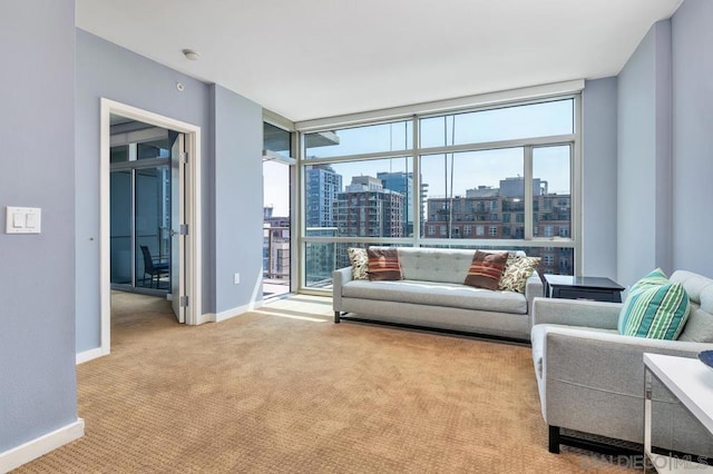 carpeted living room with a wall of windows