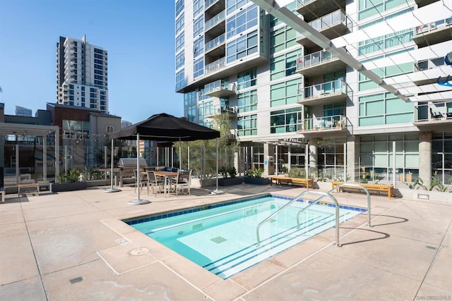 view of swimming pool with a patio