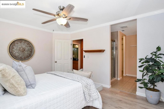 bedroom featuring light wood-type flooring, ceiling fan, and crown molding