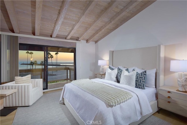 bedroom with wooden ceiling and vaulted ceiling with beams