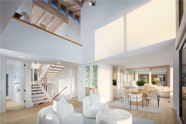 living room featuring high vaulted ceiling, beamed ceiling, and light hardwood / wood-style floors