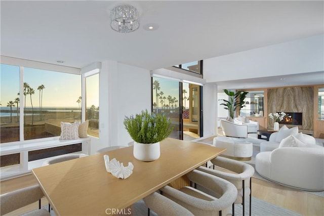 dining space with a fireplace and light hardwood / wood-style floors