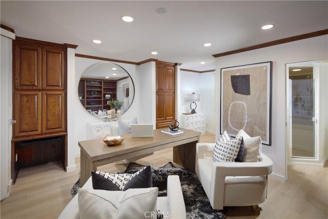 3024 Breakers Dr, Corona Del Mar, CA 92625 - office space featuring recessed lighting, ornamental molding, light wood-style floors, and baseboards