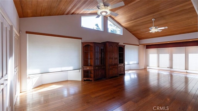 unfurnished living room featuring ceiling fan, wood-type flooring, high vaulted ceiling, and wooden ceiling