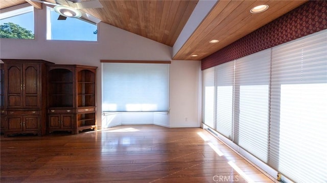 spare room with lofted ceiling, ceiling fan, wood ceiling, and hardwood / wood-style floors