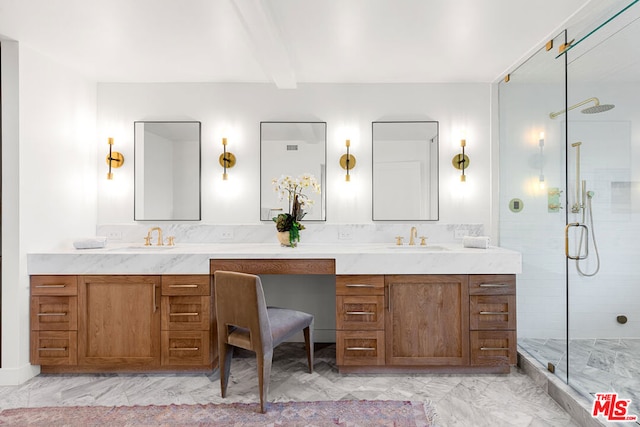 bathroom featuring beam ceiling, vanity, and an enclosed shower