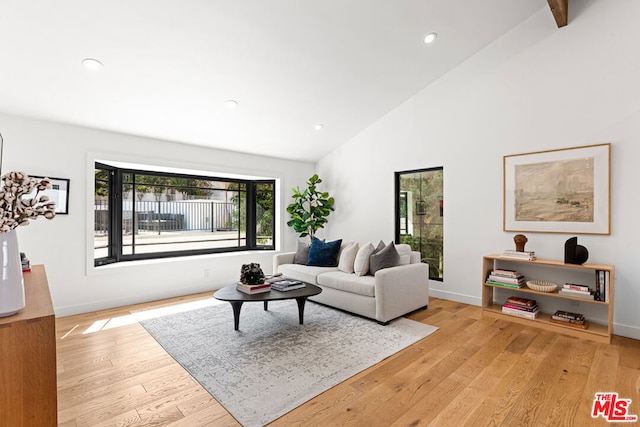 living room with high vaulted ceiling and light wood-type flooring