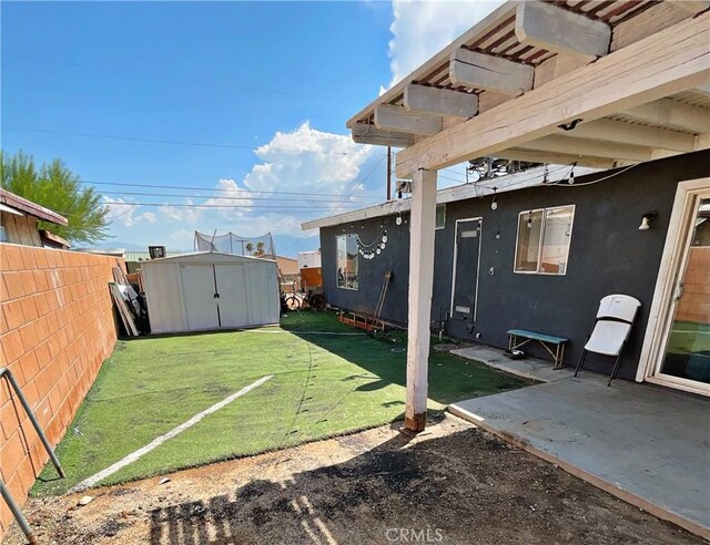 view of yard featuring a patio area and a shed