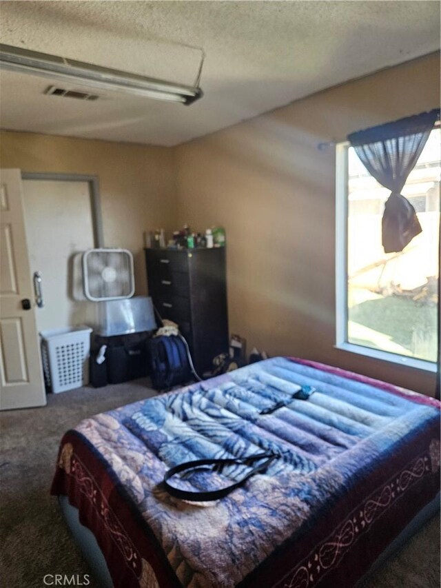 bedroom featuring a textured ceiling, multiple windows, and carpet flooring