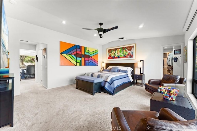 carpeted bedroom with recessed lighting and ceiling fan