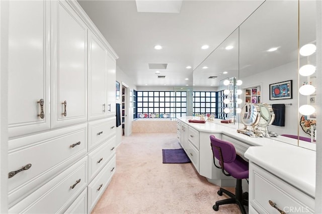 office space featuring recessed lighting and light colored carpet