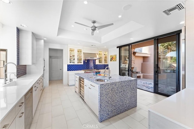 kitchen with a sink, a raised ceiling, dishwasher, and range hood