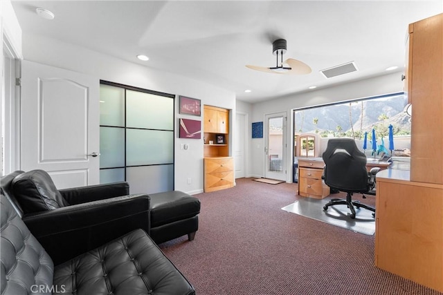 home office with a ceiling fan, recessed lighting, baseboards, and carpet floors