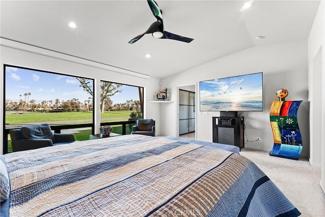 carpeted bedroom featuring recessed lighting, a ceiling fan, and lofted ceiling