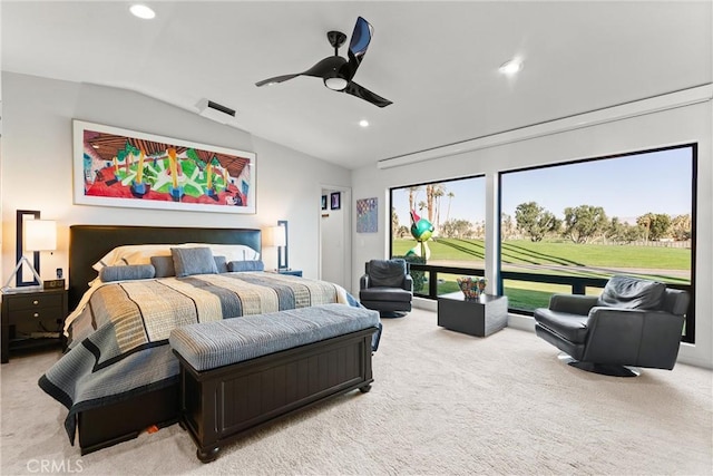 carpeted bedroom featuring visible vents, recessed lighting, a ceiling fan, and lofted ceiling