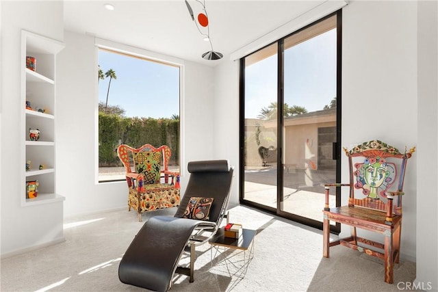 sitting room with expansive windows, baseboards, and carpet