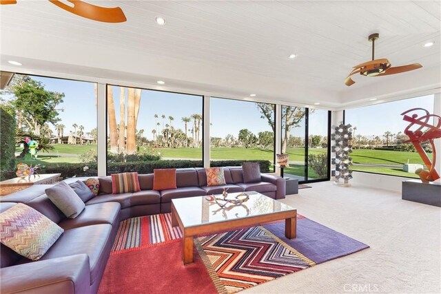 70854 Fairway Dr, Rancho Mirage, CA 92270 - carpeted living room featuring view of golf course, a ceiling fan, wooden ceiling, and recessed lighting