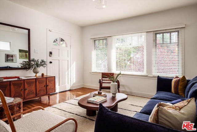 living room with plenty of natural light and hardwood / wood-style flooring