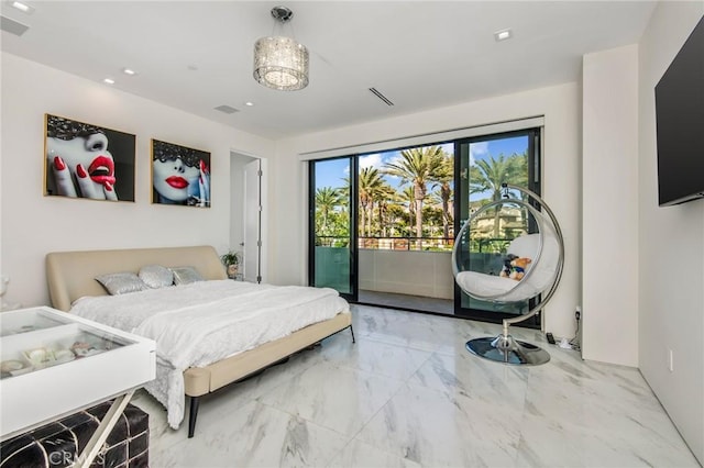 bedroom featuring marble finish floor, access to outside, and visible vents