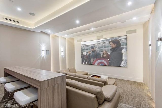 home theater with recessed lighting, visible vents, and baseboards