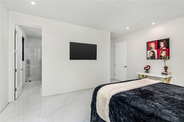 bedroom featuring marble finish floor, connected bathroom, and recessed lighting