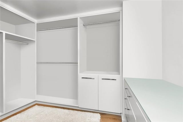 walk in closet with light hardwood / wood-style floors