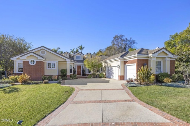 single story home featuring a front yard and a garage