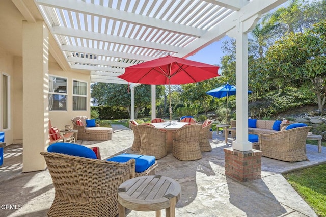 view of patio with an outdoor hangout area and a pergola