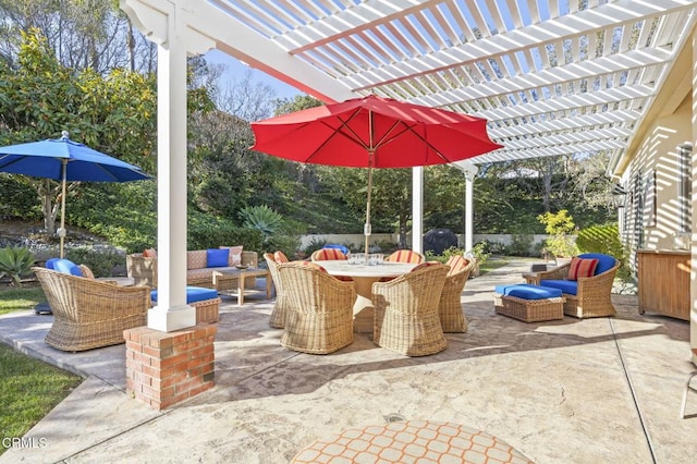 view of patio / terrace with outdoor lounge area and a pergola