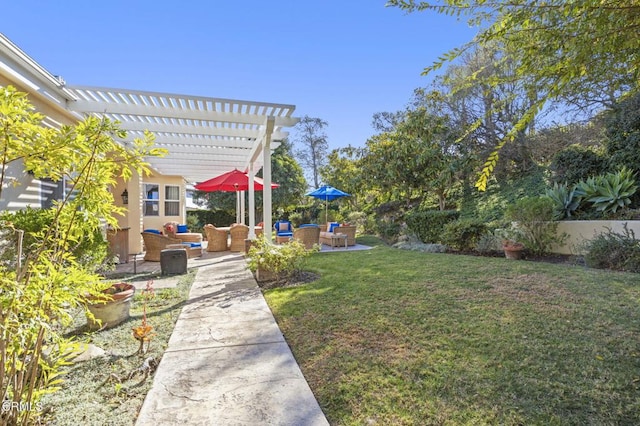 view of yard with an outdoor living space and a pergola